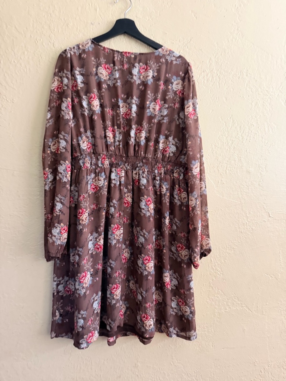 torrid Brown Floral V-Neck Long Sleeve Dress with Pink & Cream Blooms - Picture 4 of 4